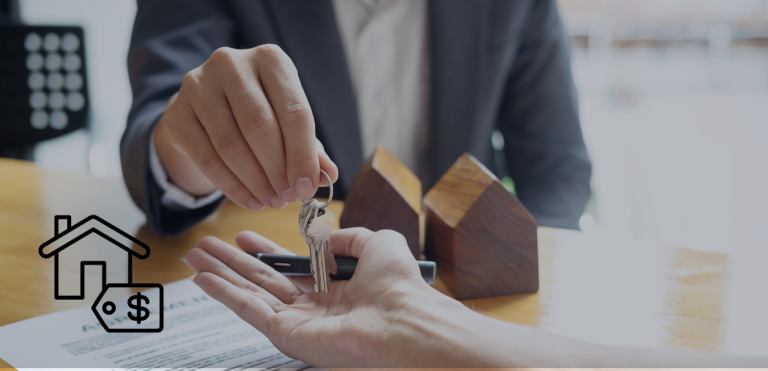 A real estate escrow agent handing the key to the buyer